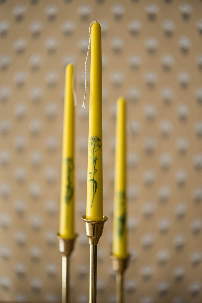 Floral Inlaid Tapered Candles in Yellow
