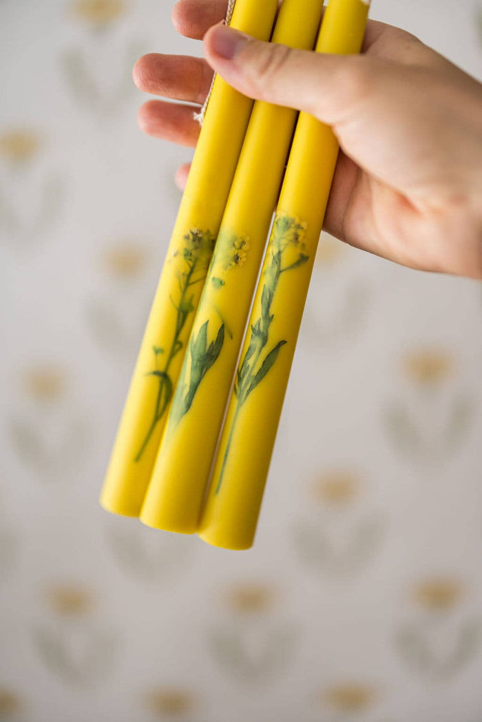 Floral Inlaid Tapered Candles in Yellow