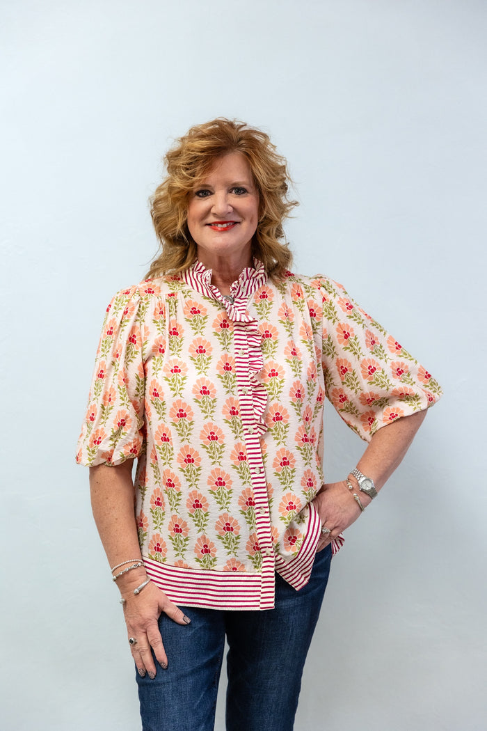 Fresh Picked Floral & Peach Striped Top