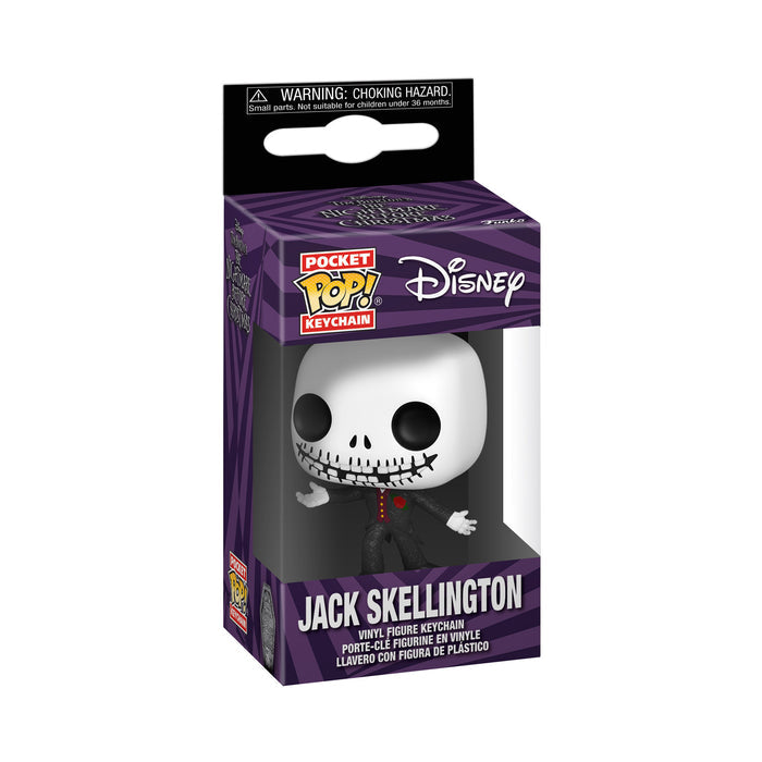 The Funko Pocket POP! Keychain: Formal Jack Skellington by Funko comes boxed in a purple and black package with a clear window displaying the collectible figure inside.