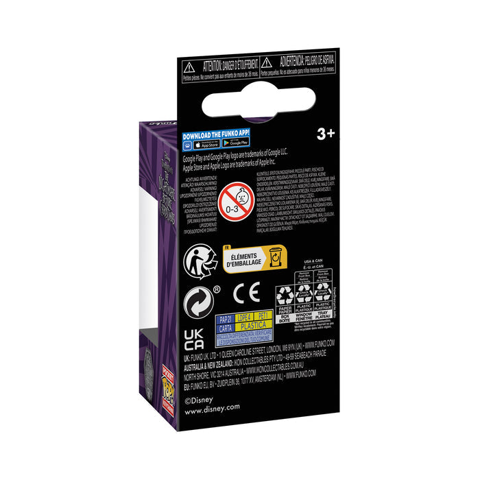 Back of a Funko Pocket POP! Keychain: Formal Jack Skellington box with warning labels, age 3+ symbol, recycling icons, licensing info, app download instructions, plus Disney copyright and The Nightmare Before Christmas branding.