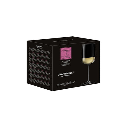 Black packaging box of Grandioso Chardonnay glasses on a white background