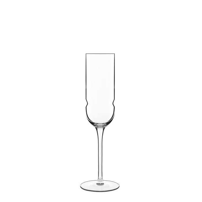 A single clear Grandioso champagne flute with a long stem, designed for serving sparkling wine made from high-tech crystal glass on a white background.