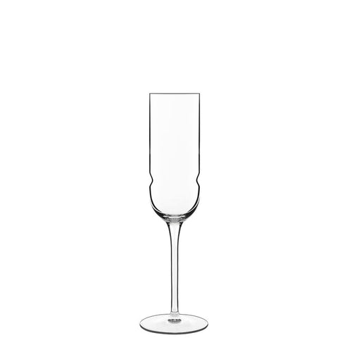 A single clear Grandioso champagne flute with a long stem, designed for serving sparkling wine made from high-tech crystal glass on a white background.