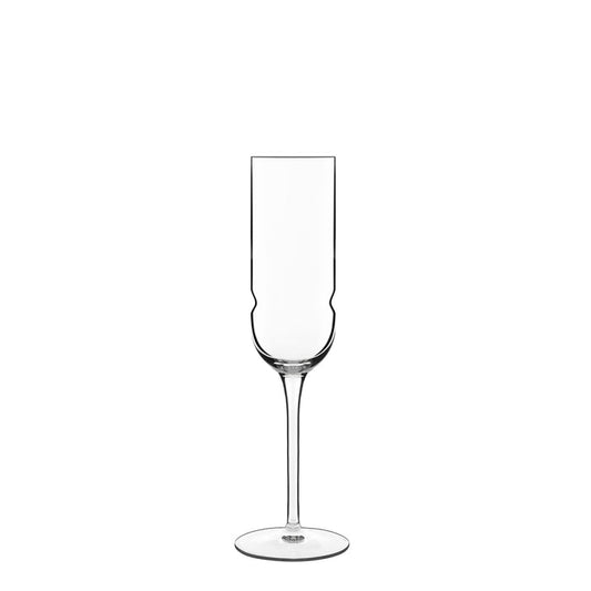 A single clear Grandioso champagne flute with a long stem, designed for serving sparkling wine made from high-tech crystal glass on a white background.