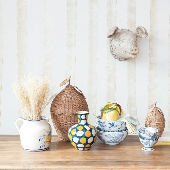 Hand-Stamped Stoneware Footed Bowl w/ Botanicals & Scalloped Edge
