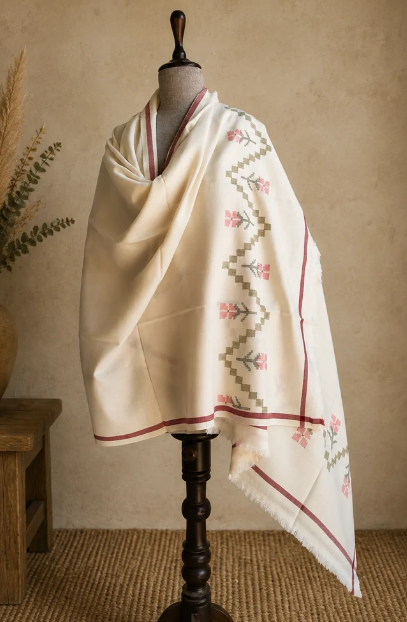 Handwoven Himdhara Bloom Merino Kullu Shawl - White