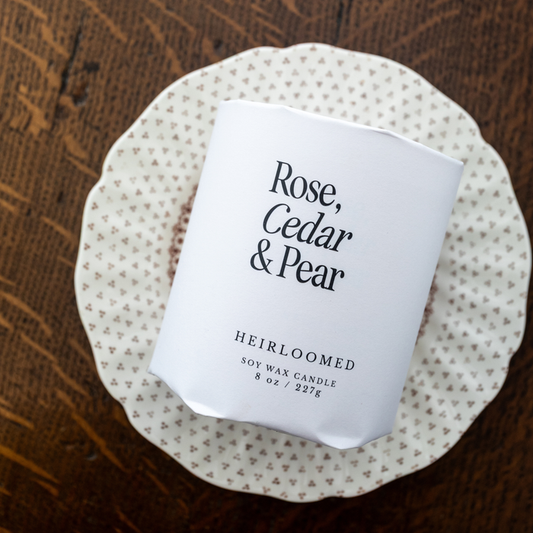 Heirloomed Candle - Rose, Cedar, Pear - 8 oz Soy Wax