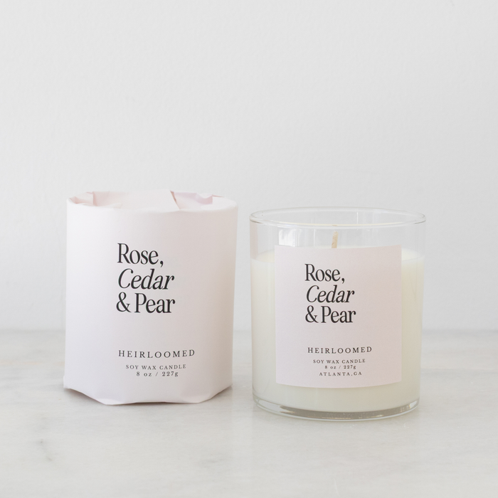Heirloomed Candle - Rose, Cedar, Pear - 8 oz Soy Wax