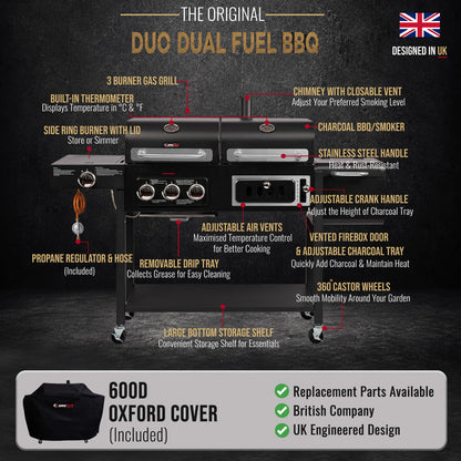 Hybrid Gas & Charcoal BBQ Grill with Smoker, Side Burner & Protective Cover