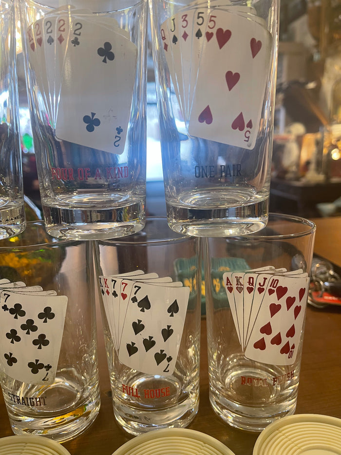 Vintage Poker Highball Barware Glasses W/ Coasters Mid Century Modern
