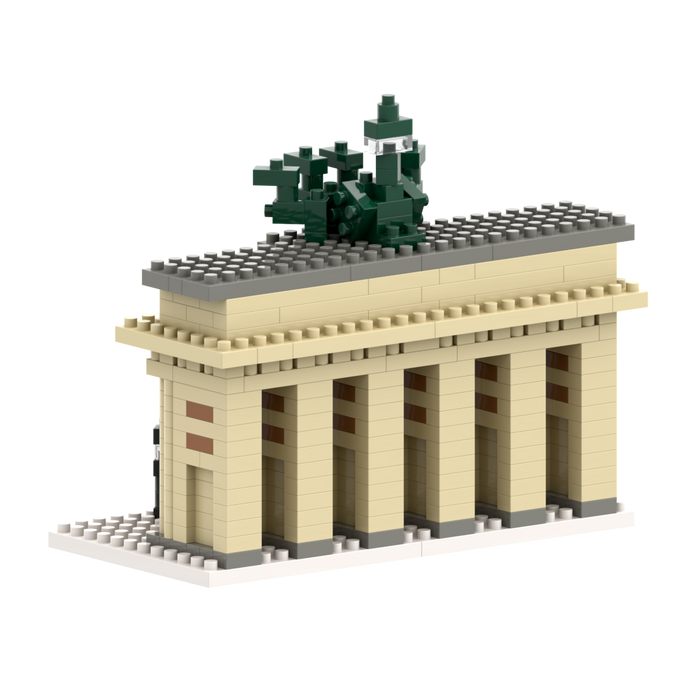 Brixies' Large Gift Box Brandenburg Gate is a LEGO-style micro-brick kit showcasing tan columns, a gray-tiled roof, green chariot statue pieces, and sits elegantly on a white base for a detailed 3D model.