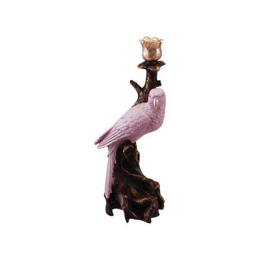Large Parrot Taper Candle Holder, Antique Gold & Pink Resin