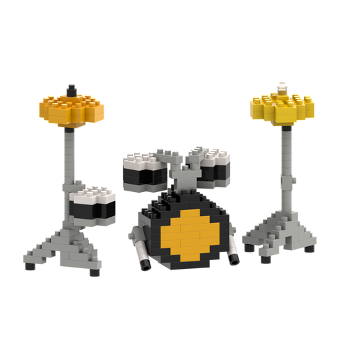 The Brixies Large Zip Bag Drum Kit features a miniature drum set built from gray, black, white, and yellow bricks—including a bass drum with a yellow center, two toms, two cymbals on stands, and drumsticks—all packed in a handy zip bag.