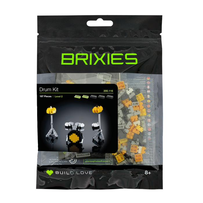 The Brixies Large Zip Bag Drum Kit includes 187 micro-bricks for ages 8+, featuring yellow and gray pieces and an image of the finished miniature drum set on the front.