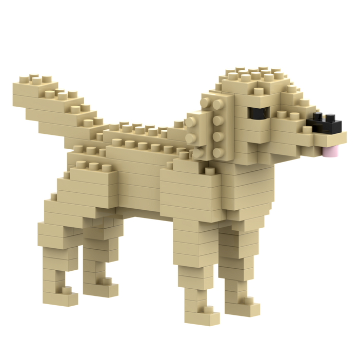 The Large Zip Bag Golden Retriever by Brixies is a tan 3D figure built from interlocking bricks, featuring a raised tail, pink tongue, and black brick eyes and nose—perfect as a dog lover’s gift.