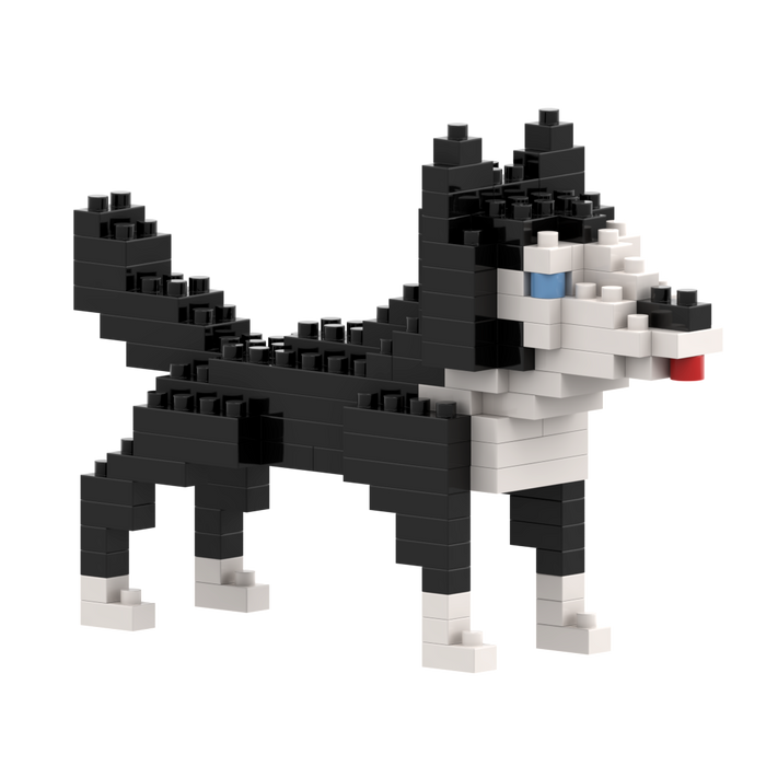 The Brixies Large Zip Bag Husky is a black and white 3D figure made from interlocking plastic building blocks, featuring blue eyes and a red tongue—a fun gift for animal lovers. Shown standing on all four legs against a plain white background.