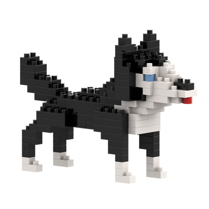 The Brixies Large Zip Bag Husky is a black and white 3D figure made from interlocking plastic building blocks, featuring blue eyes and a red tongue—a fun gift for animal lovers. Shown standing on all four legs against a plain white background.