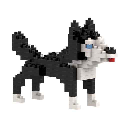 The Brixies Large Zip Bag Husky is a black and white 3D figure made from interlocking plastic building blocks, featuring blue eyes and a red tongue—a fun gift for animal lovers. Shown standing on all four legs against a plain white background.