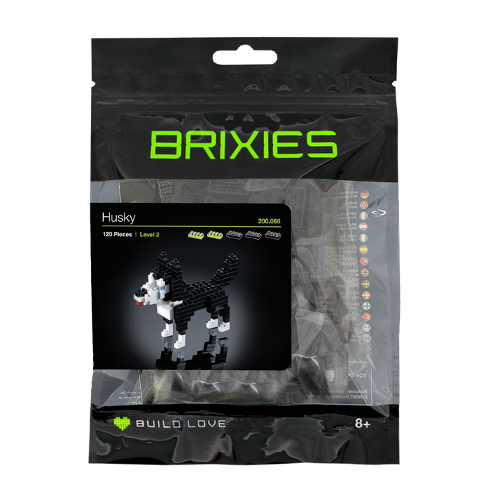 A sealed Brixies Large Zip Bag Husky kit includes 120 micro-bricks to build a Level 2 3D Husky, suitable for ages 8+. The mostly black package is an ideal gift for animal lovers.