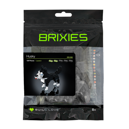 A sealed Brixies Large Zip Bag Husky kit includes 120 micro-bricks to build a Level 2 3D Husky, suitable for ages 8+. The mostly black package is an ideal gift for animal lovers.