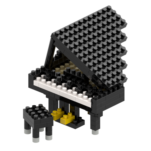 The Brixies Large Zip Bag Piano Black is a detailed black, white, and yellow piano model with matching bench, displayed on a white background. The open lid shows the keys and pedals of this micro-brick kit.
