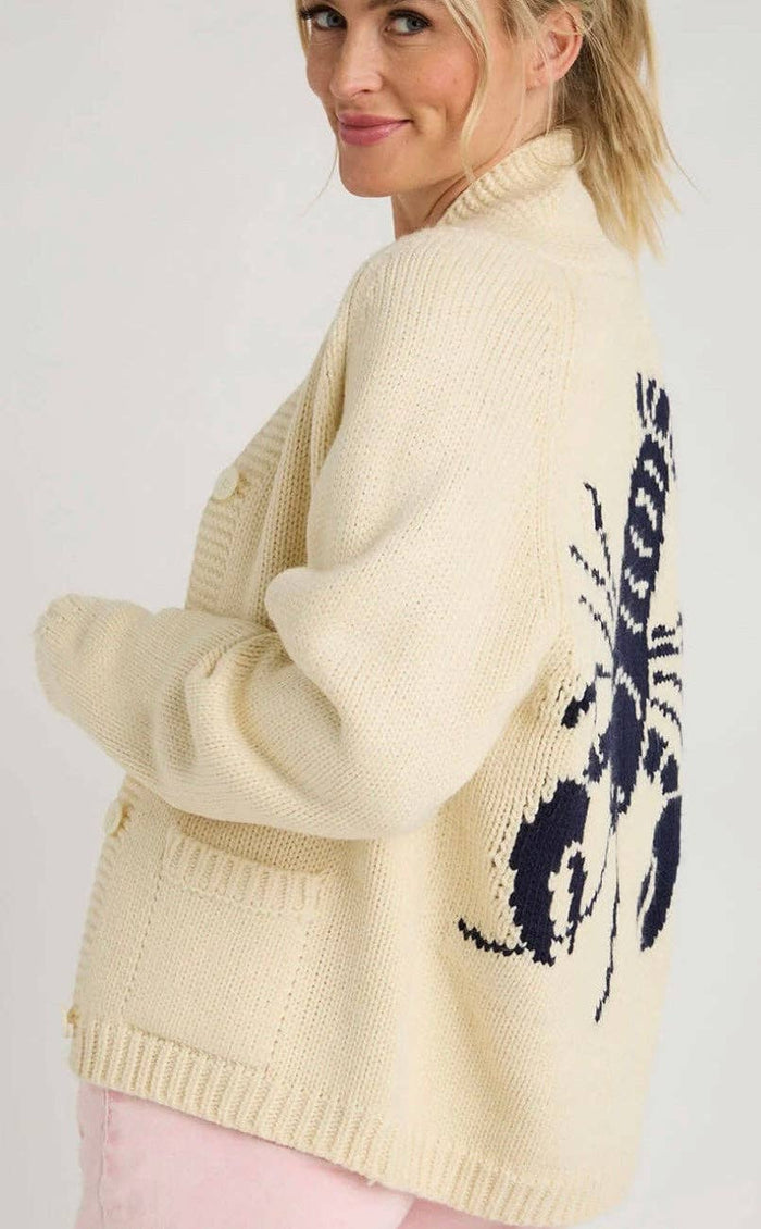 Lobster Varsity Cardigan in Ivory/Navy