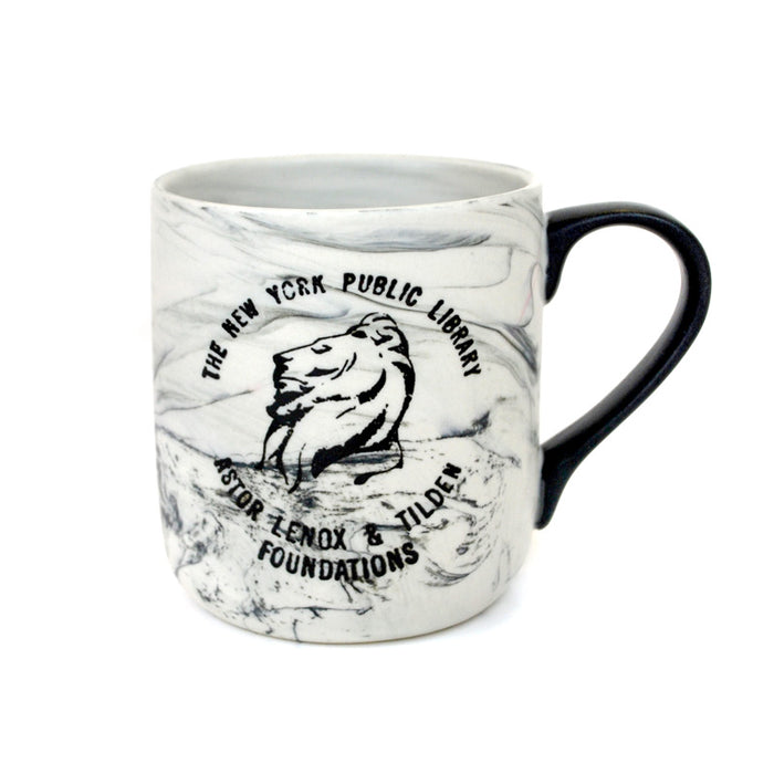 White marbleized mug with vintage NYPL lion logo in black. Text on logo reads: The New York Public Library. Astor, Lenox, and Tilden Foundations.