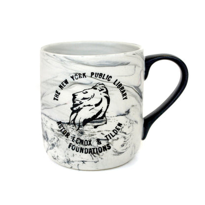White marbleized mug with vintage NYPL lion logo in black. Text on logo reads: The New York Public Library. Astor, Lenox, and Tilden Foundations.
