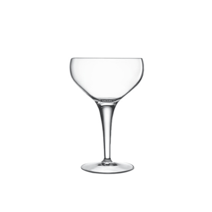 A clear Michelangelo Professional Champagne Coupe glass by Luigi Bormioli on a white background