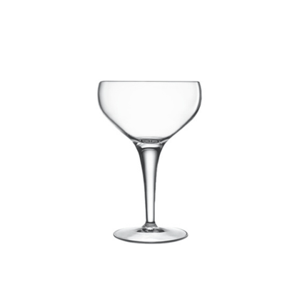 A clear Michelangelo Professional Champagne Coupe glass by Luigi Bormioli on a white background