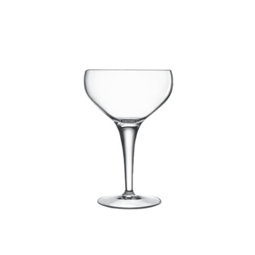 A clear Michelangelo Professional Champagne Coupe glass by Luigi Bormioli on a white background