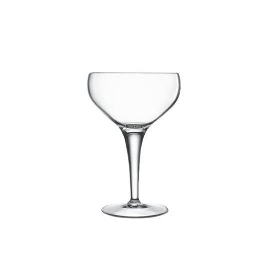 A clear Michelangelo Professional Champagne Coupe glass by Luigi Bormioli on a white background