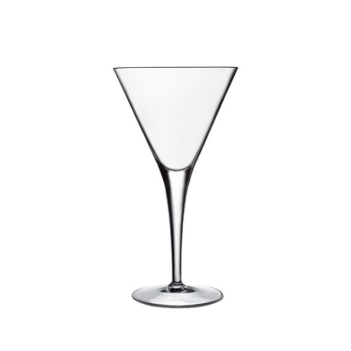 A clear Michelangelo Professional Martini glass by Luigi Bormioli on a white background