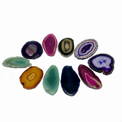 Polished Natural and Dyed Agate Slices, mixed colors, w/ top drilled pendant hole, 1.5" to 3", 10 slices #5053COHL - Brazil GemsBrazil GemsPolished Natural and Dyed Agate Slices, mixed colors, w/ top drilled pendant hole, 1.5" to 3", 10 slices #5053COHLSlices for Crafts5053COHL