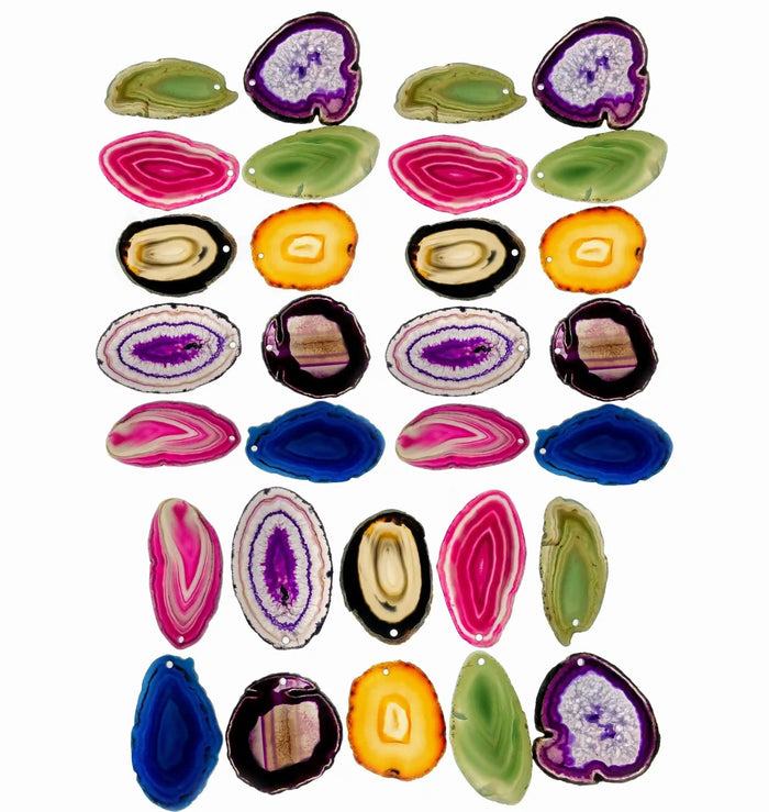 Polished Natural and Dyed Agate Slices, mixed colors, w/ top drilled pendant hole, 1.5" to 3", 10 slices #5053COHL - Brazil GemsBrazil GemsPolished Natural and Dyed Agate Slices, mixed colors, w/ top drilled pendant hole, 1.5" to 3", 10 slices #5053COHLSlices for Crafts5053COHL
