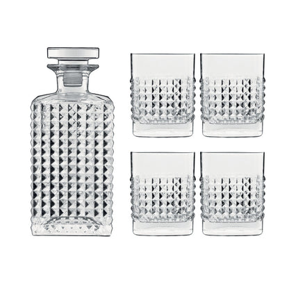 Italian Premium Elixir Whisky Set | 1 Decanter + 4 Whiskey Glasses - Luigi Bormioli USA