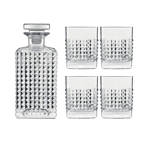 Italian Premium Elixir Whisky Set | 1 Decanter + 4 Whiskey Glasses - Luigi Bormioli USA