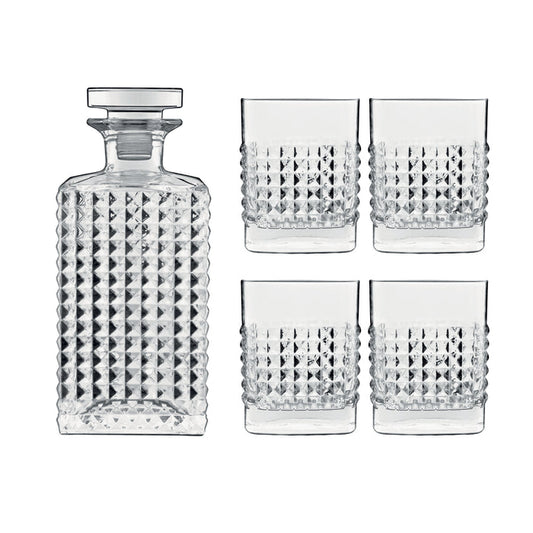 Italian Premium Elixir Whisky Set | 1 Decanter + 4 Whiskey Glasses - Luigi Bormioli USA