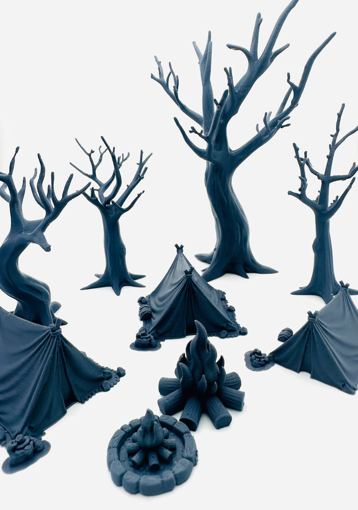Modular Campsite Encounter Terrain Set – Tents, Trees & Campfires – Tabletop RPG Scenery