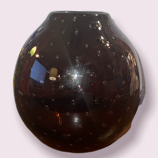 Murano Art Glass Bullicante Round Vase 6' Tall Dark Purple Vintage