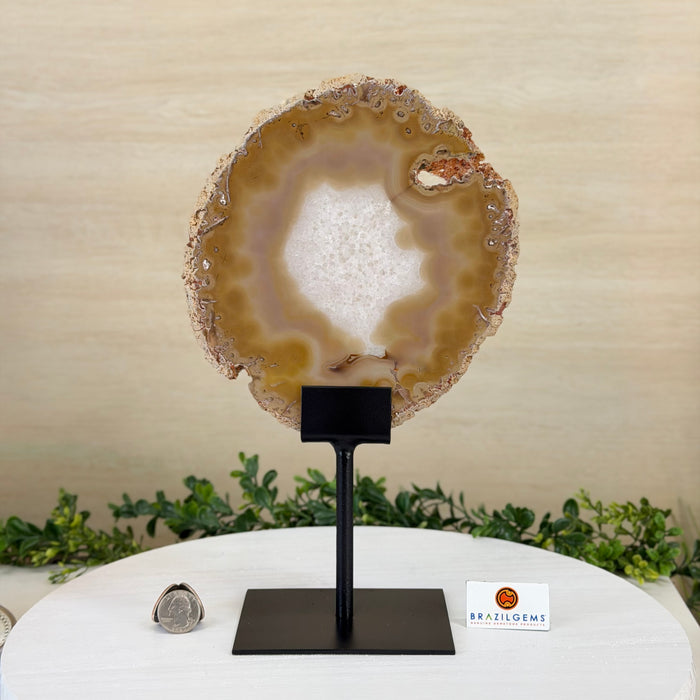 Natural Brazilian Agate Slice on metal base, 12.5" Tall #5057-0022