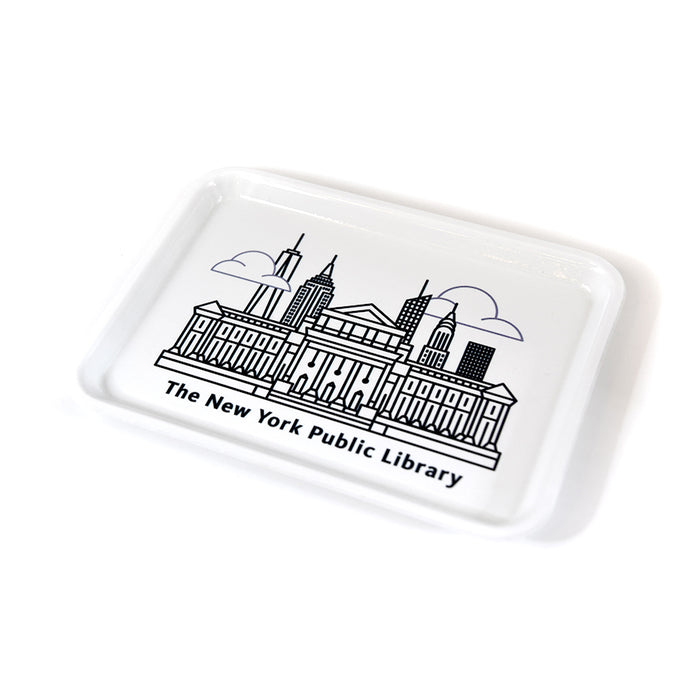 A white rectangular fiberglass tray with an illustration of The New York Public Library building and the New York City skyline in black.