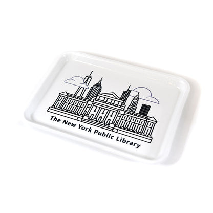 A white rectangular fiberglass tray with an illustration of The New York Public Library building and the New York City skyline in black.