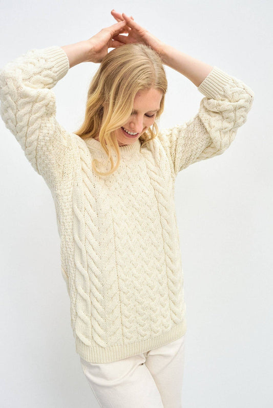 Omey Ladies Aran Crew Neck Sweater -  Cream