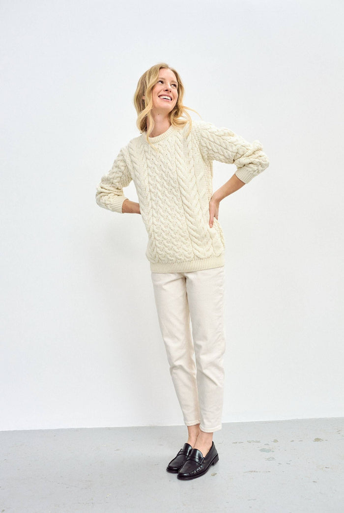 Omey Ladies Aran Crew Neck Sweater -  Cream