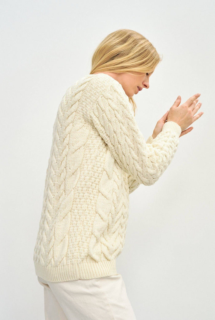 Omey Ladies Aran Crew Neck Sweater -  Cream