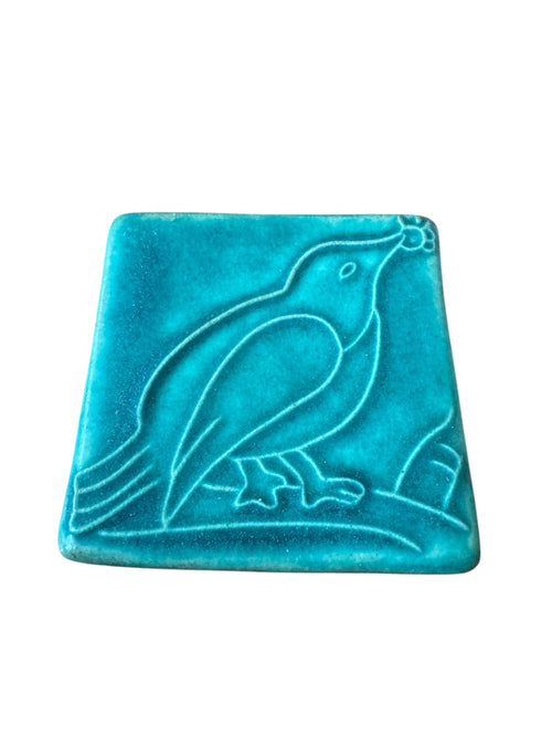 Pewabic Turquoise 2014 3x3 Bird with Berries Tile