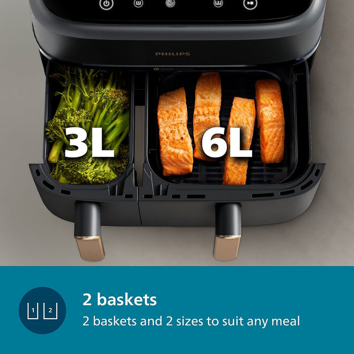 Philips Domestic 9L Airfryer With Dual Baskets For Full Tray Cooking 8 Preset Menus Na352 00