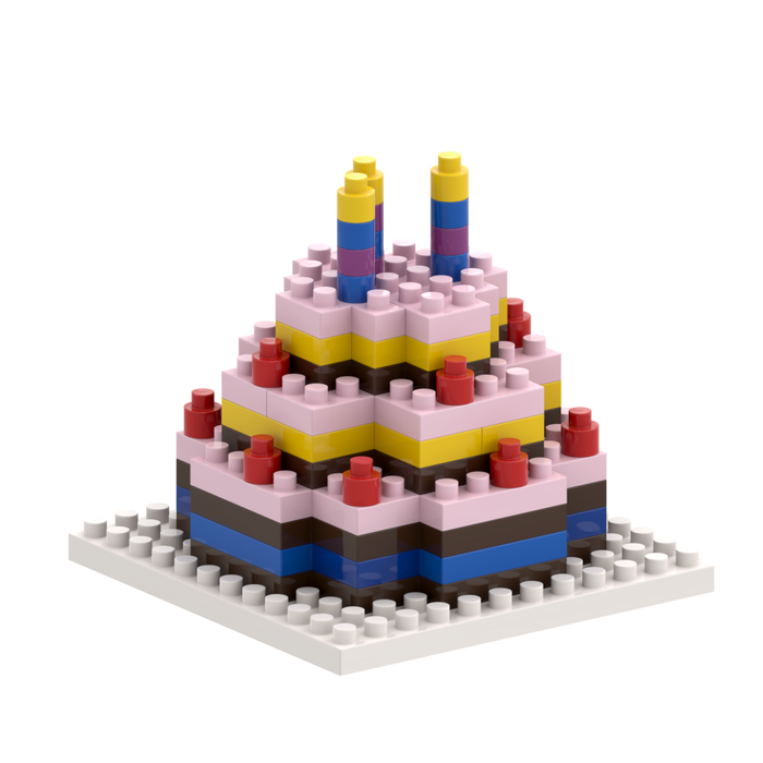 Send birthday wishes with the Brixies Postcard Birthday Cake—a LEGO-style greeting card featuring stacked pink, yellow, blue, and brown bricks with four candles on a white baseplate. Perfect for mailing to celebrate any birthday!.